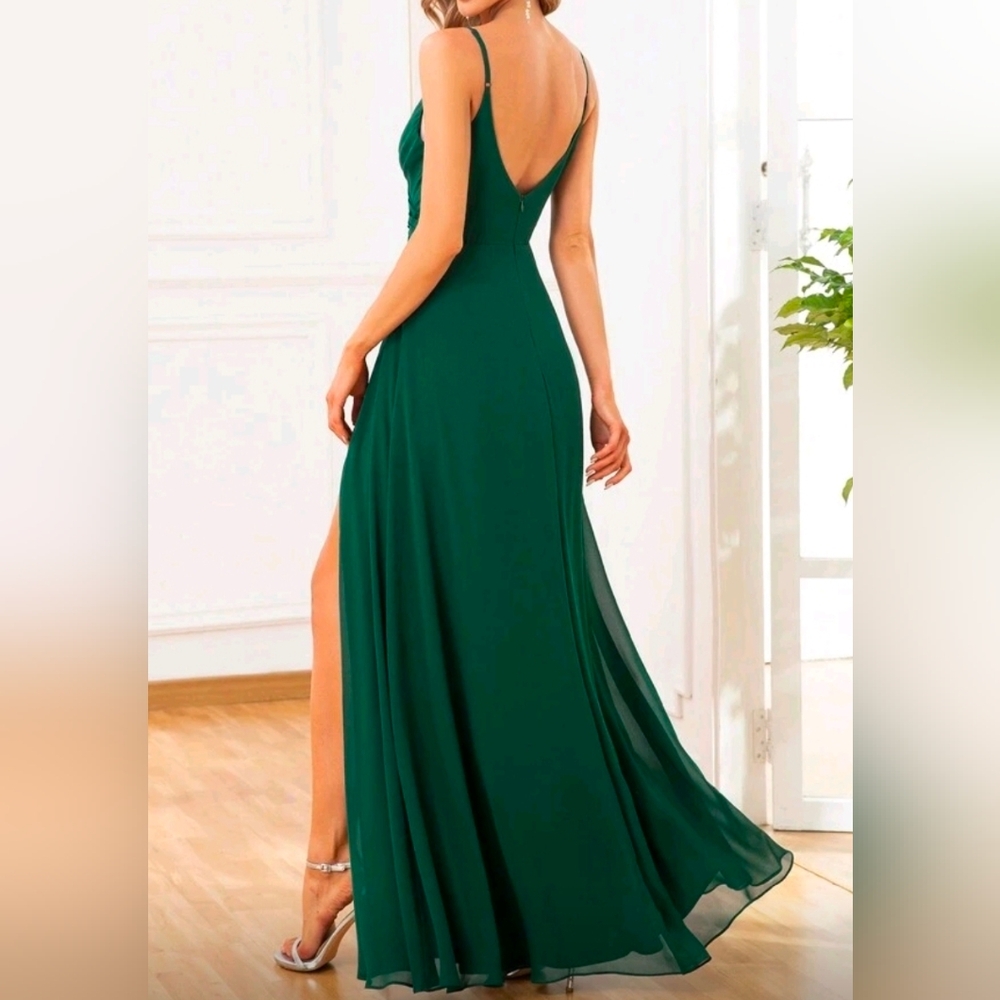 New Flowy Chiffon Wrap Top Cami Maxi Dress Split Leg Dark Green